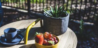 Kerti asztal ötletek Drink and fruit on a table in the garden.