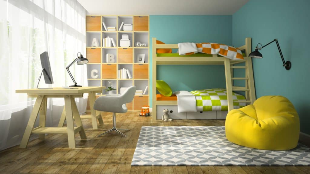 Milyen bútorokat szerezzünk be feltétlenül a gyerekszobába? Interior of children room with bunk bed 3D rendering