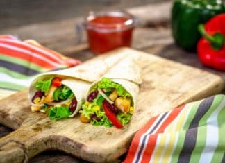 Meat and vegetables wrapped in a tortilla
